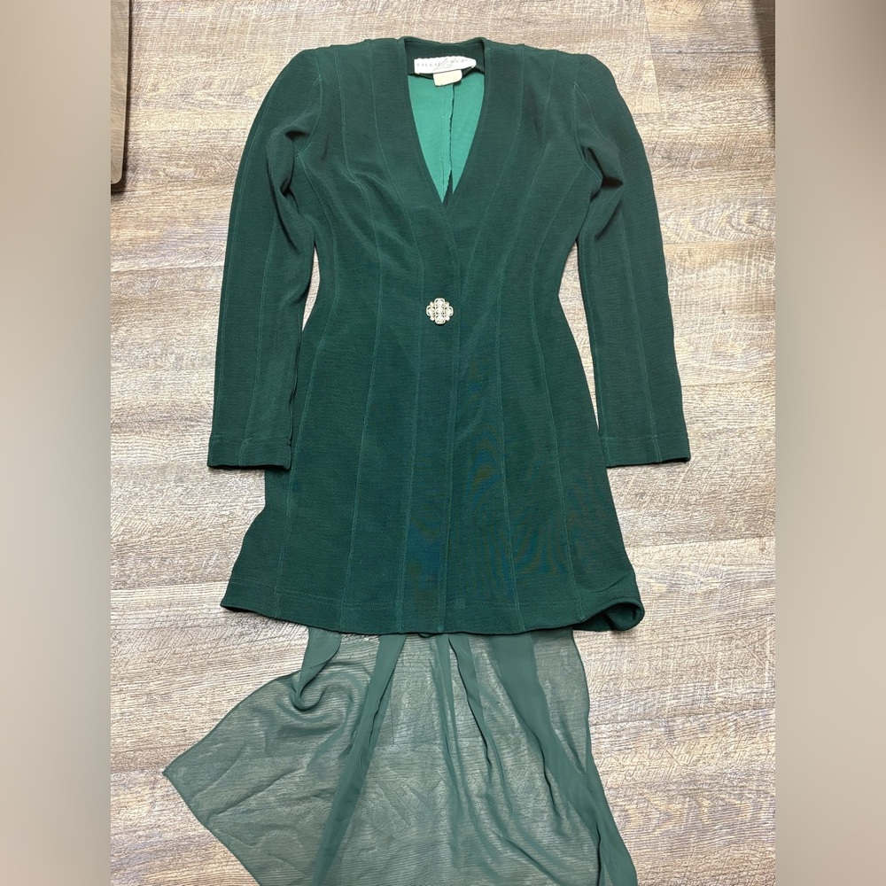 Lillie Rubin Deep Green Long Sleeve Dress with Sheer Train